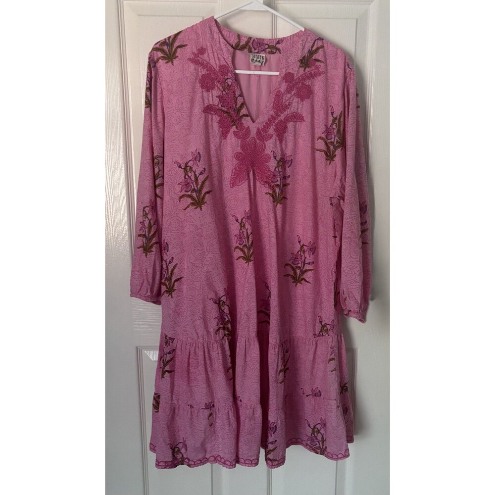 Sister Mary Dress Floral Embroidered Mini Shift Boho Womens XL Pink